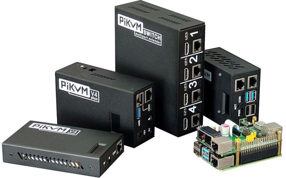 A photo showing five models of the PiKVM, including the original in the case-less Raspberry Pi configuration.