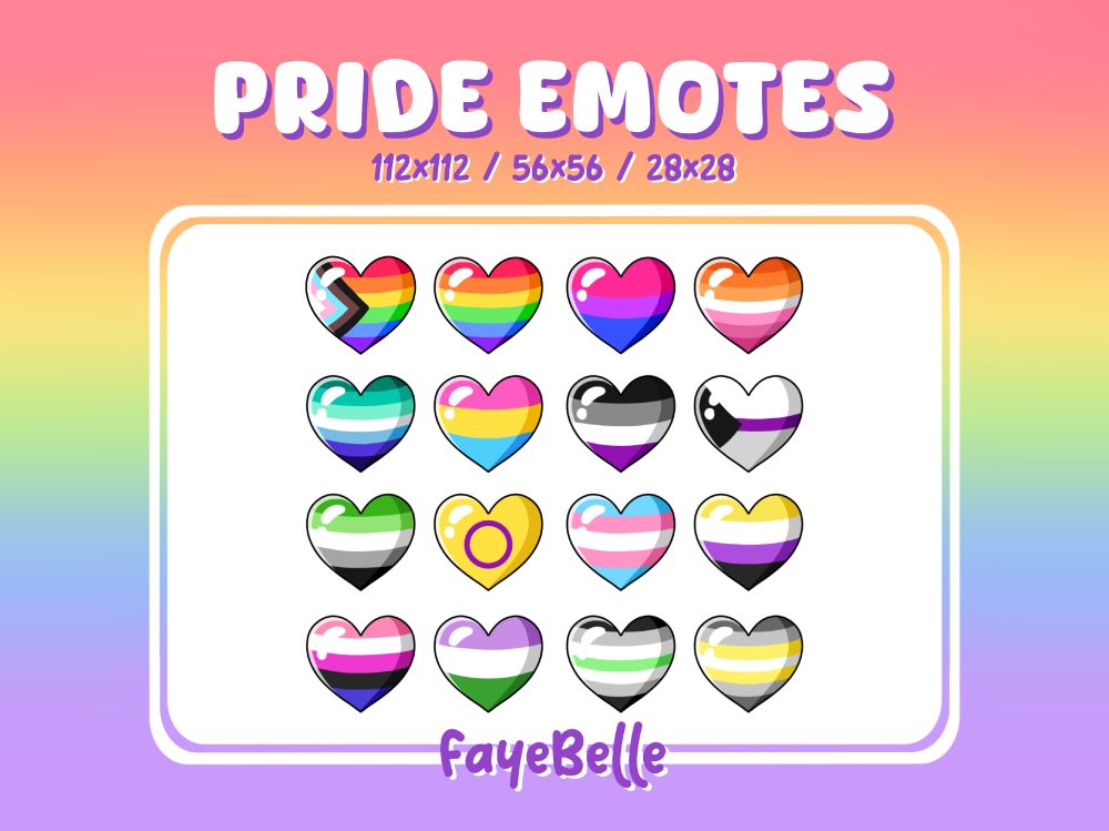16 heart emotes with various pride flags on them - progress, pride, bisexual, lesbian, gay male, pansexual, asexual, demisexual, aromantic, intersex, trans, non-binary, genderfluid, genderqueer, agender and demigender