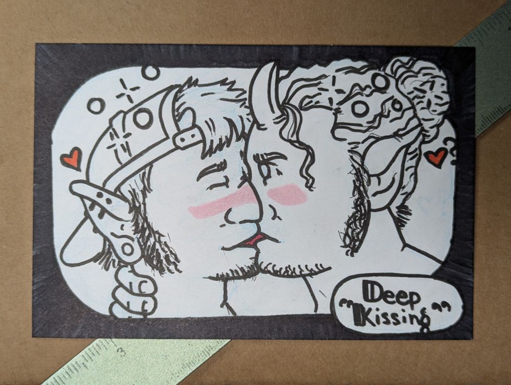 An inked drawing titled “Deep ‘Kissing’”.  It shows two men --the brothers of the fictional ΣΤΡ fraternity from earlier illustrations in the series-- kissing.  On the left is the brother who wears a backwards ballcap, stubs of horns showing through his hat indicating he has recently become a satyr.  His ears are now pointed, but still pierced in multiple places.  On the right is the curly-haired brother, his hair pulled back into a man bun.  Hat-bro’s eyes are closed and he has a small red heart near his head.  Curly-bro’s eyes are open and he has a red heart with a question mark near his head.  Squeans --comic symbols to indicate drunkenness-- are around both, and both are blushing.  A little bit of tongue can be seen where their mouths meet, and both are blushing.
