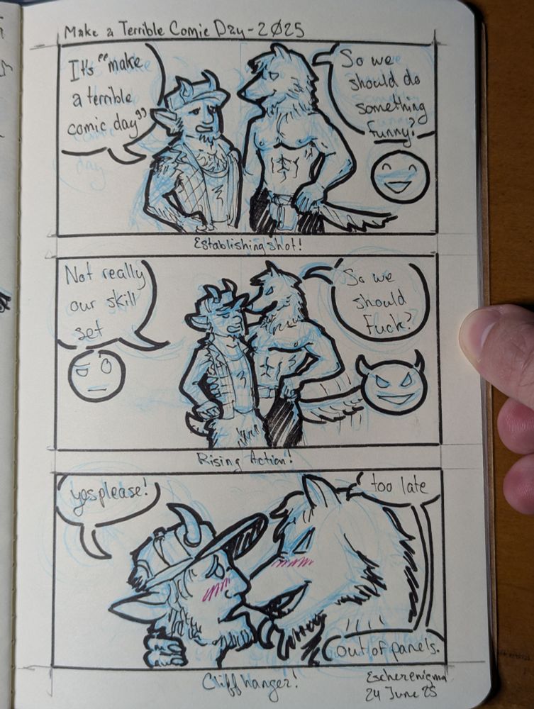 A badly drawn comic titled "Make a Terrible Comic Day 2025".  First panel shows a redneck satyr next to a shirtless werewolf.  The satyr says "It's 'make a terrible comic day'", and the werewolf replies "So we should do something funny?"  There is a happy emoji near the werewolf's text bubble.  Underneath the panel is text: "Establishing shot!"  The second panel shows them standing closer, the satyr saying "Not really our skill set," with a confused emoji.  The werewolf replies "So we should fuck?" with the evil grin emoji.  Underneath the panel is the text "Rising Action!"  The third and final panel is a close up on their faces, both with open mouths and blush lines, as though they're about to kiss.  The satyr is saying "yes please!" and the werewolf replies "too late.  Out of panels".  Underneath the final panel is the text "Cliffhanger!" along with the artist's name, "EscherEnigma" and the date "24 June 25".