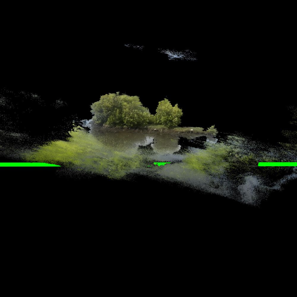 Constructed digital image (nerf > point cloud > vr) a floating island with vivid green strike through. 