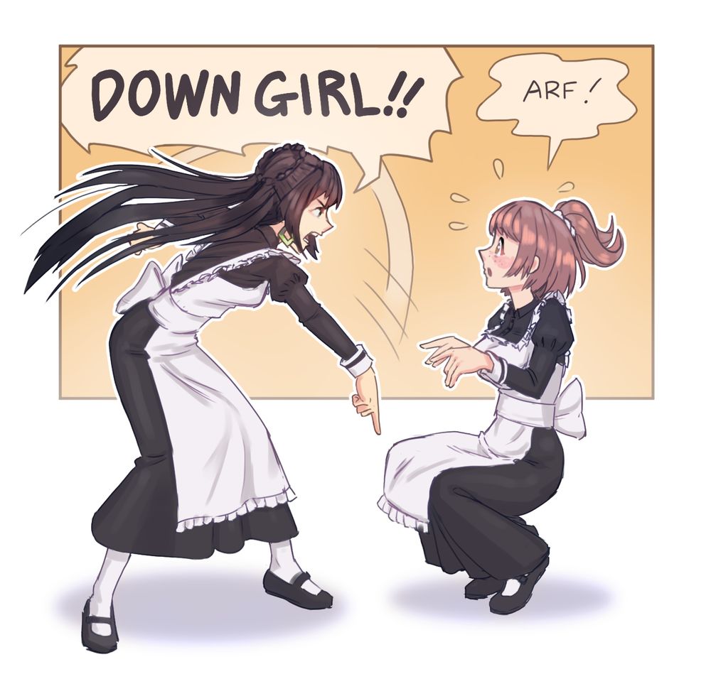 A dark-haired maid pointing at a light-haired maid telling her to get down. The light-haired maid is barking like a dog. Characters from from the yuri visual novel Blackberry Honey.