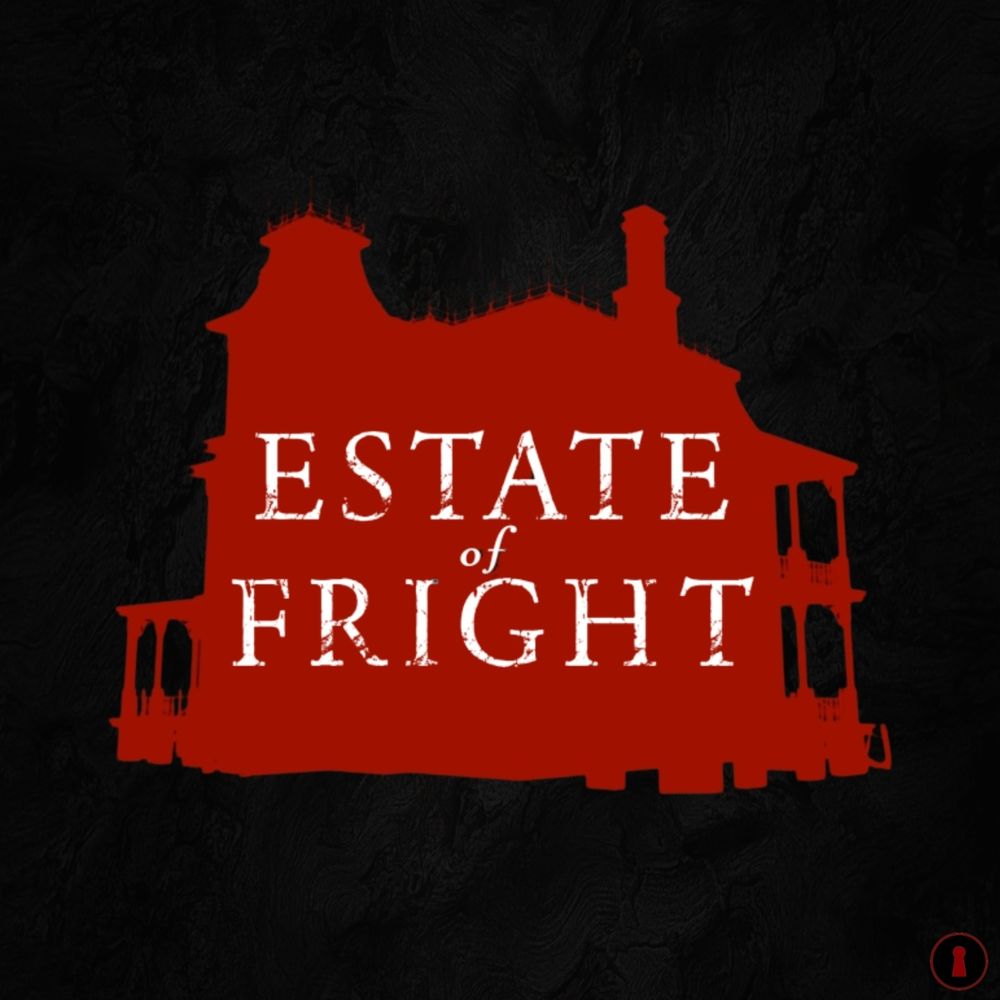 A red silhouette of a manor house with the text “Estate of Fright” superimposed on it.