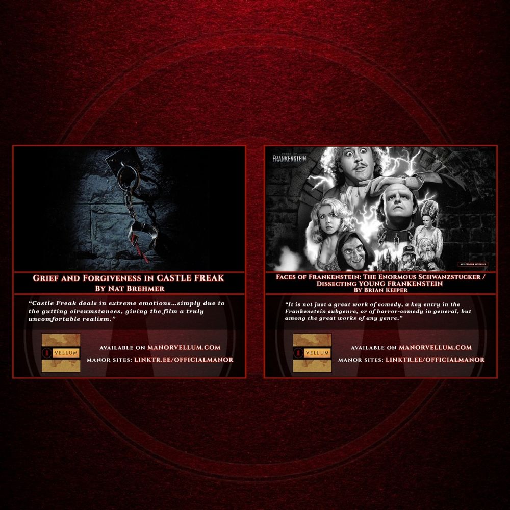 Two images in one. Left: A handcuff chained to a dungeon wall drips blood. Right: An illustration of head shots of the cast from certain scenes of YOUNG FRANKENSTEIN (1974).