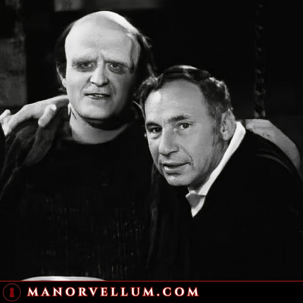 Mel Brooks and Peter Boyle, the latter made up to look like Frankenstein’s monster, pose for a photo on the set of YOUNG FRANKENSTEIN (1974).