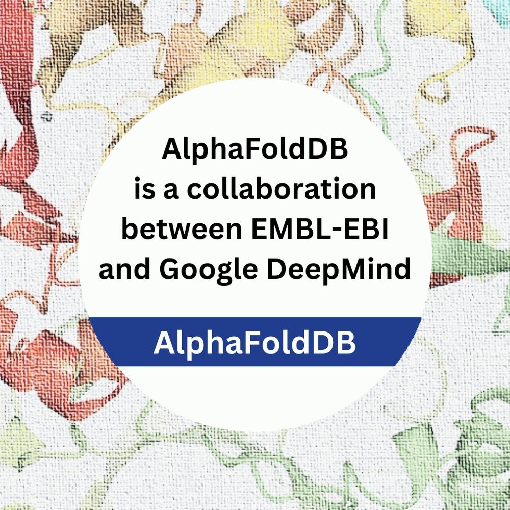 Structure image in background with a circle in the centre that reads 'AlphaFoldDB is a collaboration between EMBL-EBI and Google DeepMind' with a blue banner with white text that reads 'AlphaFoldDB'