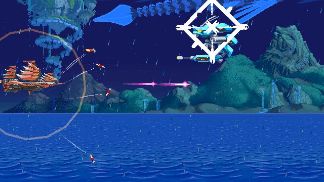 Screenshot from a Freedom Planet 2 mod. The airship from the game's shmup level is shown firing modded in missiles.
