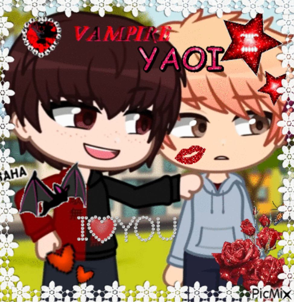 a picture of two cartoon characters with the words vampire yaoi written on it