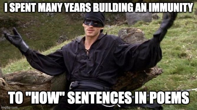 Meme showing Wesley from The Princess Bride. Instead of saying "I spent many years building an immunity to iocane powder," he's saying "I spent many years building an immunity to 'how' sentences in poems."