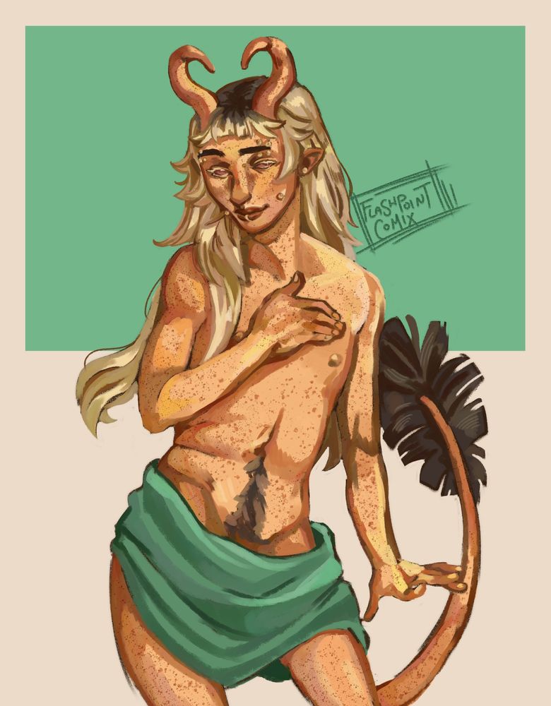 A yellow skinned tiefling with bleached blond hair standing with a hand over his heart and a teal fabric bunched around his waist.