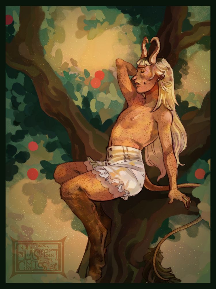A gold and green drawing of a yellow skinned teifling with long blond hair sitting in an orange fruit tree.