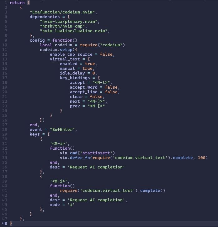 A plugin definition for LazyVim, configuring the Codeium plugin to stay silent and only generate suggestions when pressing Alt+i