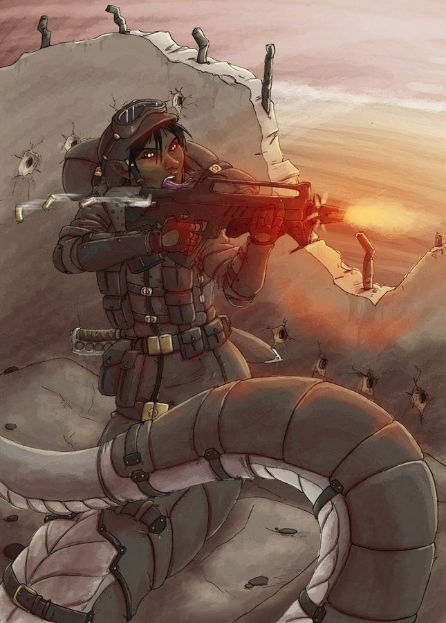 Snake person in modern military armor shooting a bullpup rifle, concrete and rebar in the background.