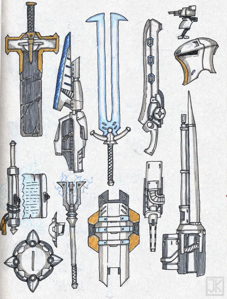 Sketchbook scribbles of mech weapons, with touch of fantasy