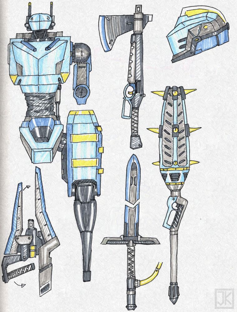 Sketchbook scribbles of mecha and assorted mech weapons