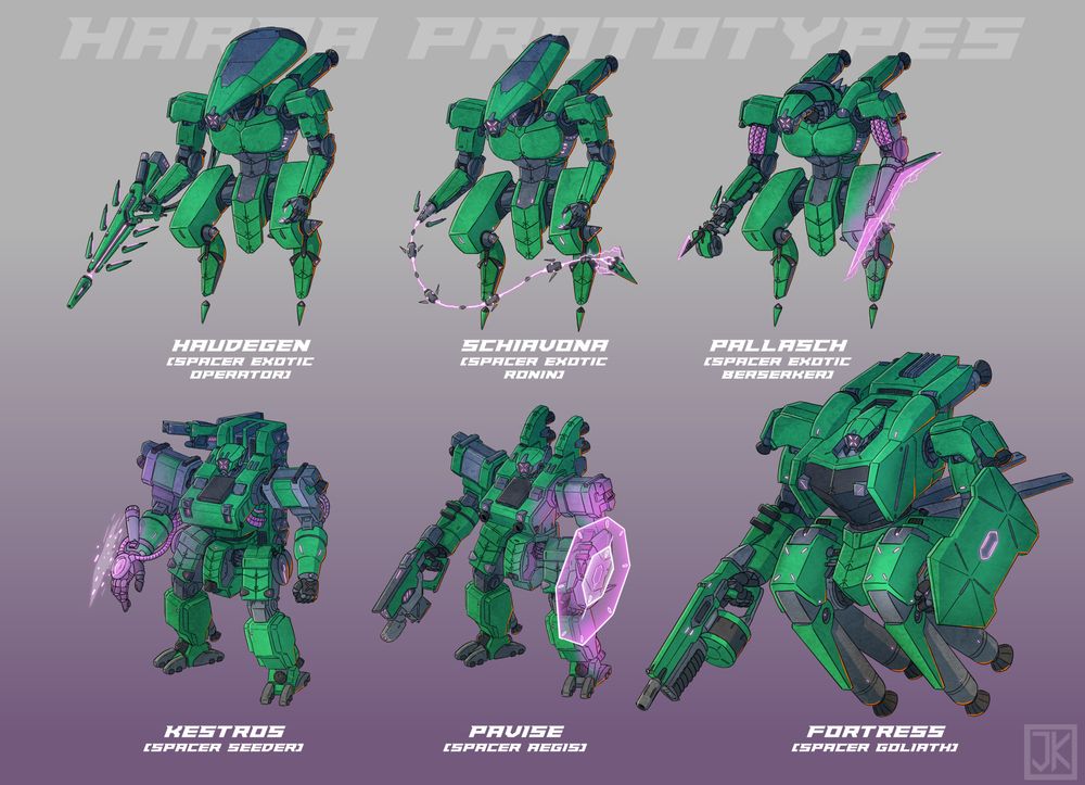Some less grunt-looking mechs, sporting various bit and pieces of prototype tech.