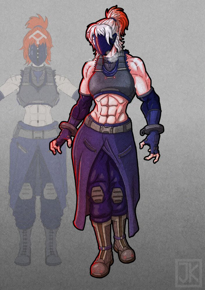 Tall woman in semi sci-fi clothing, with a featureless mask hiding her face. Also, abs.