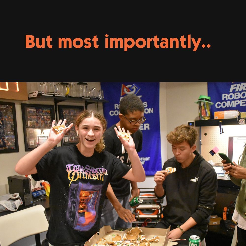 A picture of 3 students around a destroyed gingerbread house, 2 of them eating it and 1 smiling with their hands covered in icing and gingerbread crumbs. Captioned "But most importantly.."