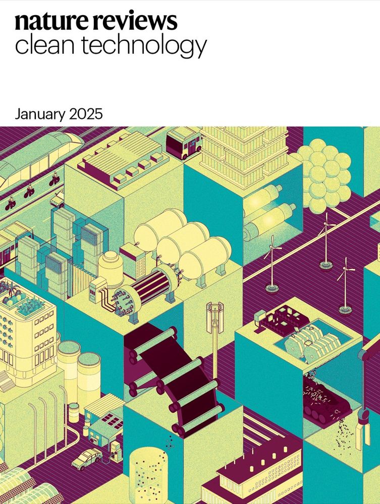 A cartoon showing a range of clean technologies, like wind farms, fuel cells, and electric vehicles