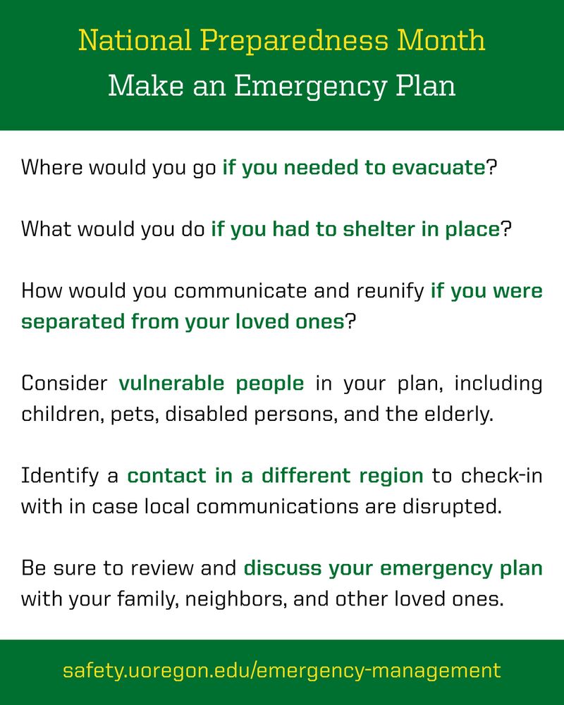 This graphic has a list of questions for people to consider when writing their emergency plan and links to the University of Oregon emergency management website.