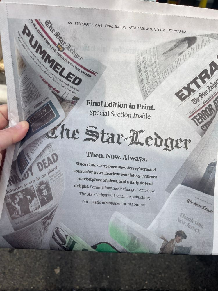 The front page of the final issue of The Star-Ledger