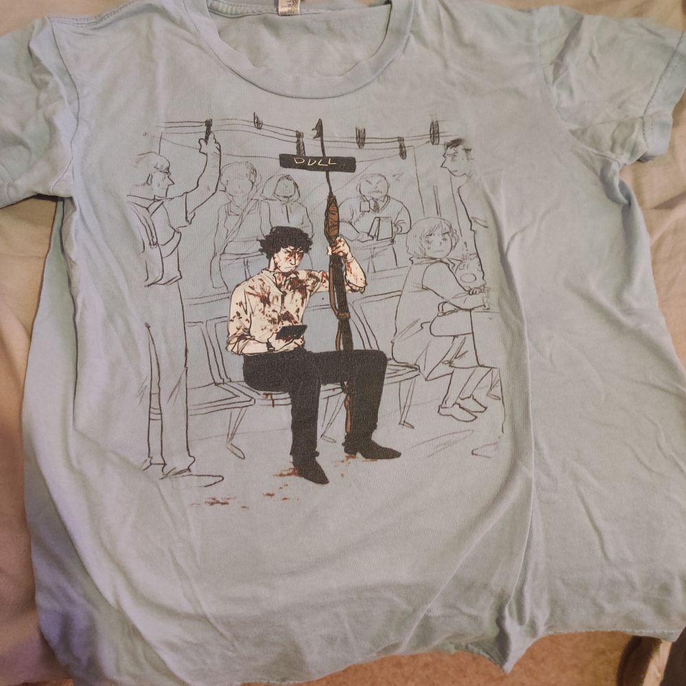 Old 2012/2013 fanart Tshirt of Sherlock from BBC's Sherlock. Covered in blood with a harpoon on the subway.