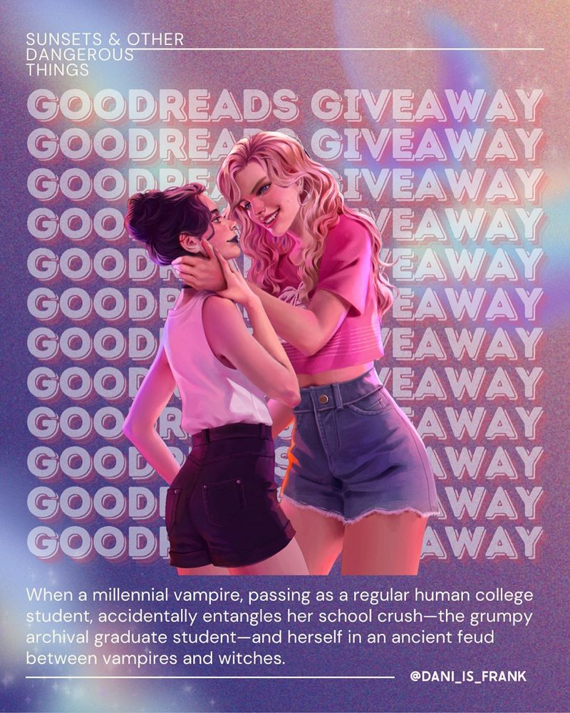 A blonde vampire embarrasses a brunette white woman with a pointy smile. Behind them is a wall of text saying Goodreads giveaway and below is text describing the book. When a millennial vampire, passing as a regular human college student, accidentally entangles her school crush—the grumpy archival graduate student—and herself in an ancient feud between vampires and witches. 