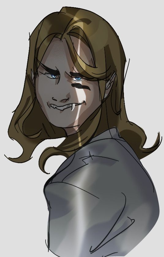A blonde girl illuminated though a slit of light. Her blue eyes catch the light and it reflects in sharp fangs in her mouth (like a vampire). She has a mischevious expression on her face