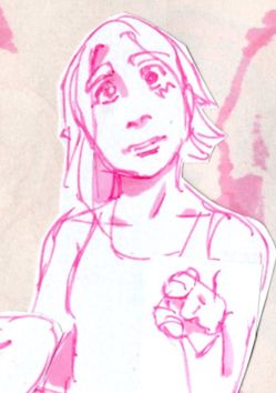 Molly pointing one finger out in a questioning way