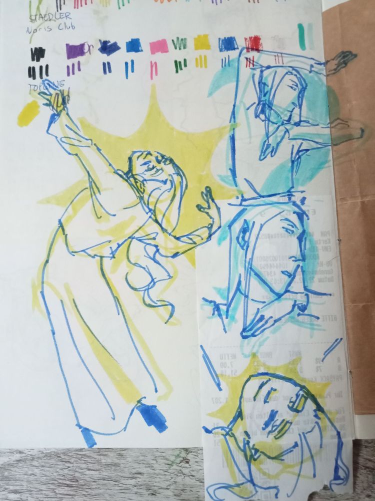 A sketchbook page using blue and yellow felt tip pens and several color swatches showing two characters dancing