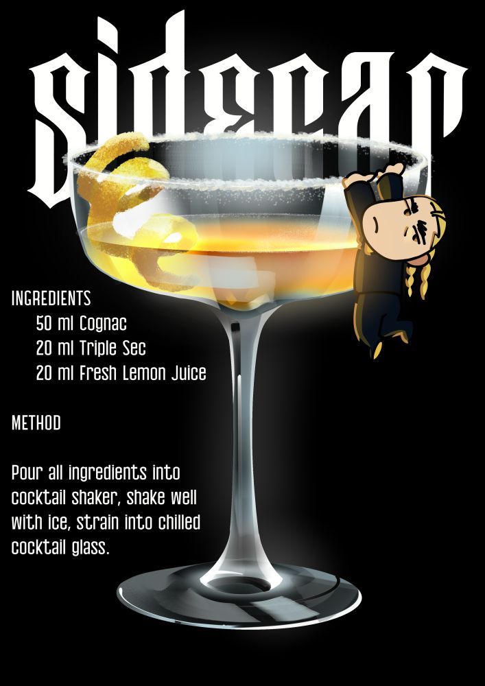 A series of cocktail renders in front of a black background. The drinks are meant to correspond with the chibi versions of characters interacting with the glasses. This drawing features the cocktail "Sidecar"
