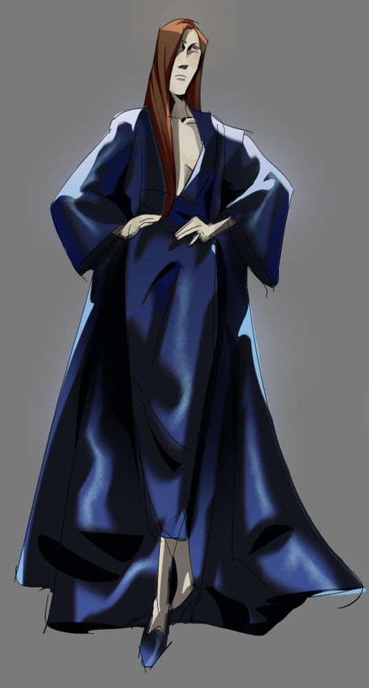 A character with long red hair in a flowing, dark-blue coat that reaches the floor. It's paired with a dress of the same color with a plunging neckline