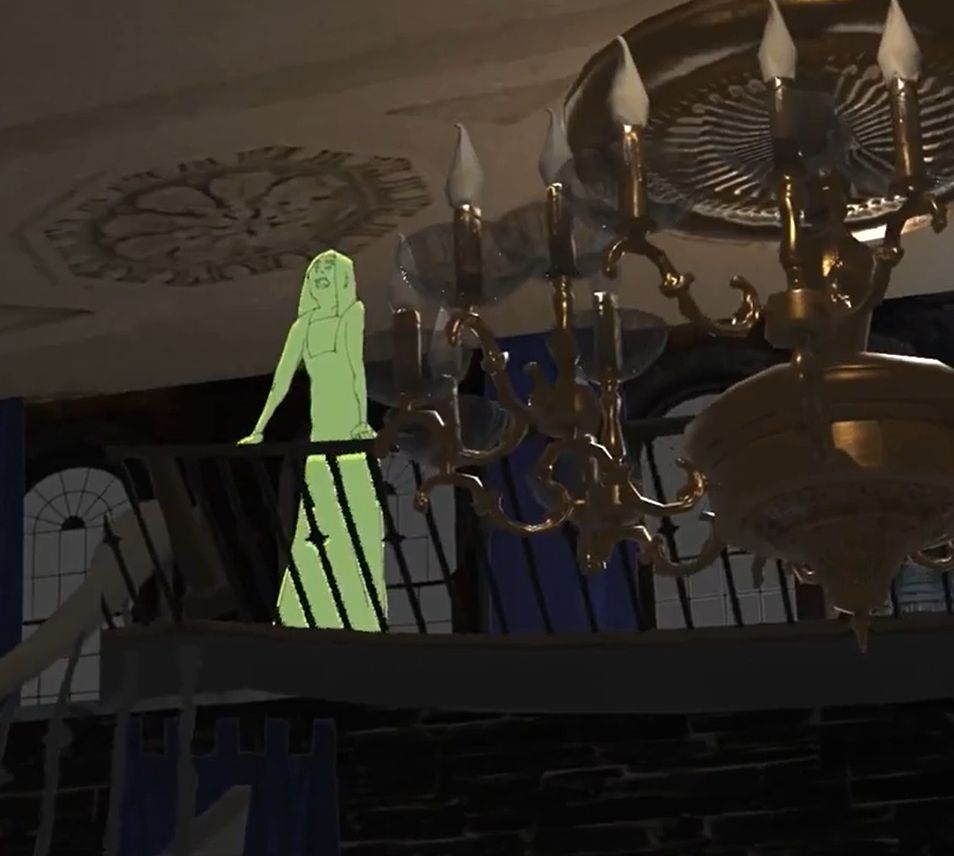 A screenshot of a photobashed animatic featuring a woman standing by a railing in a castle with a large chandelier
