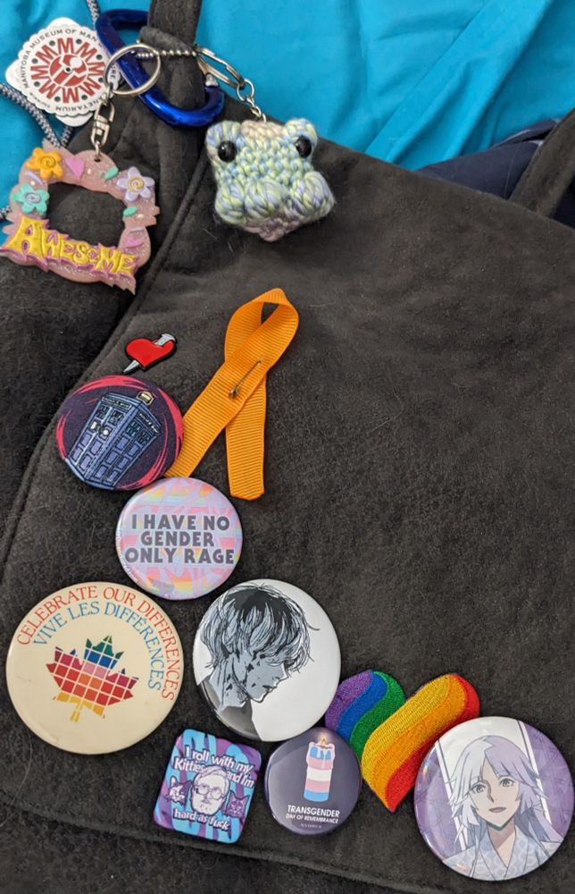 Keychains: Manitoba Museum of Man & Nature & Planetarium, empty frame proclaiming "Awesome" in a totally radical 90s font, pastel crocheted frog. Pin: heart with a stake through it (I think from GMB Chomichuk?). Orange ribbon because every child matters. Buttons: TARDIS, I have no gender only rage, celebrate our differences/vive les différences/rainbow maple leaf but not in a pride way, Tokyo Ghoul's Kaneki in profile, Trailer Park Boys' Bubbles/I roll with my kitties and I'm hard as fuck, transgender day of remembrance, Bungou Stray Dogs' Sigma. Embroidered patch: rainbow heart.