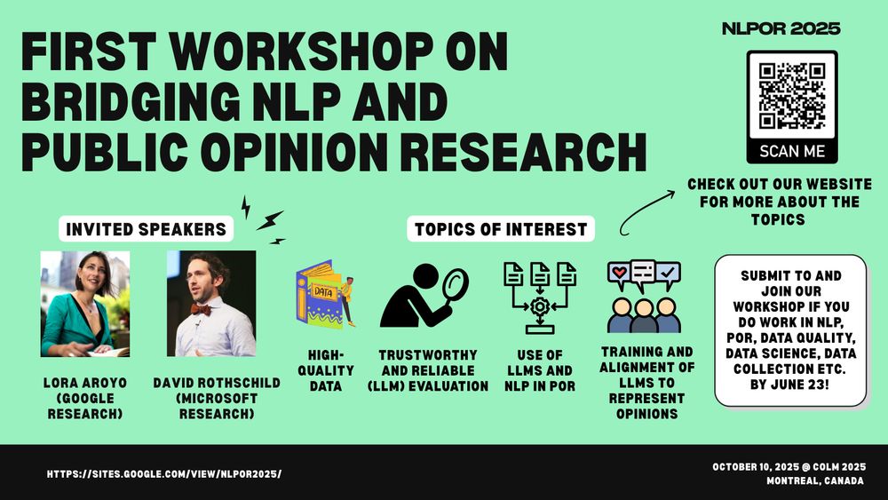 Welcome to the First Workshop on Bridging NLP and Public Opinion Research, co-located with COLM 2025, October 10, 2025, Montreal, Canada. 