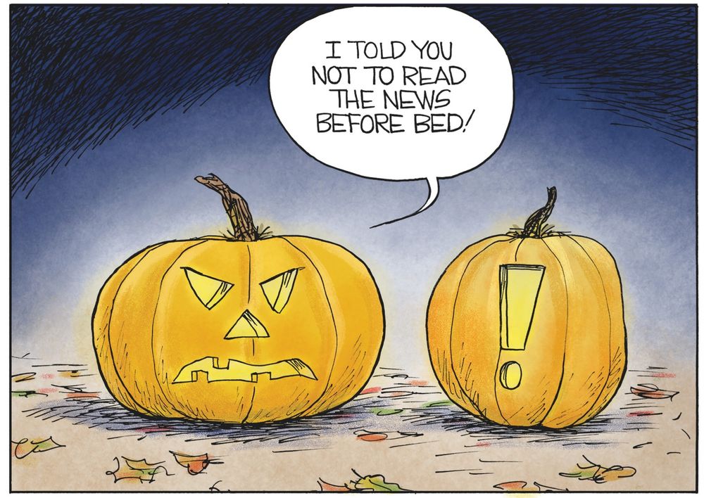One pumpkin telling another pumpkin that they shouldn't watch the news before bed. 
