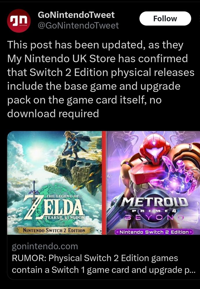 A Twitter post screenshot from Go Nintendo, saying that My Nintendo UK Store has confirm that the Switch 2 Edition physical releases include the base game and upgrade pack on the game cartridge itself with no download required 