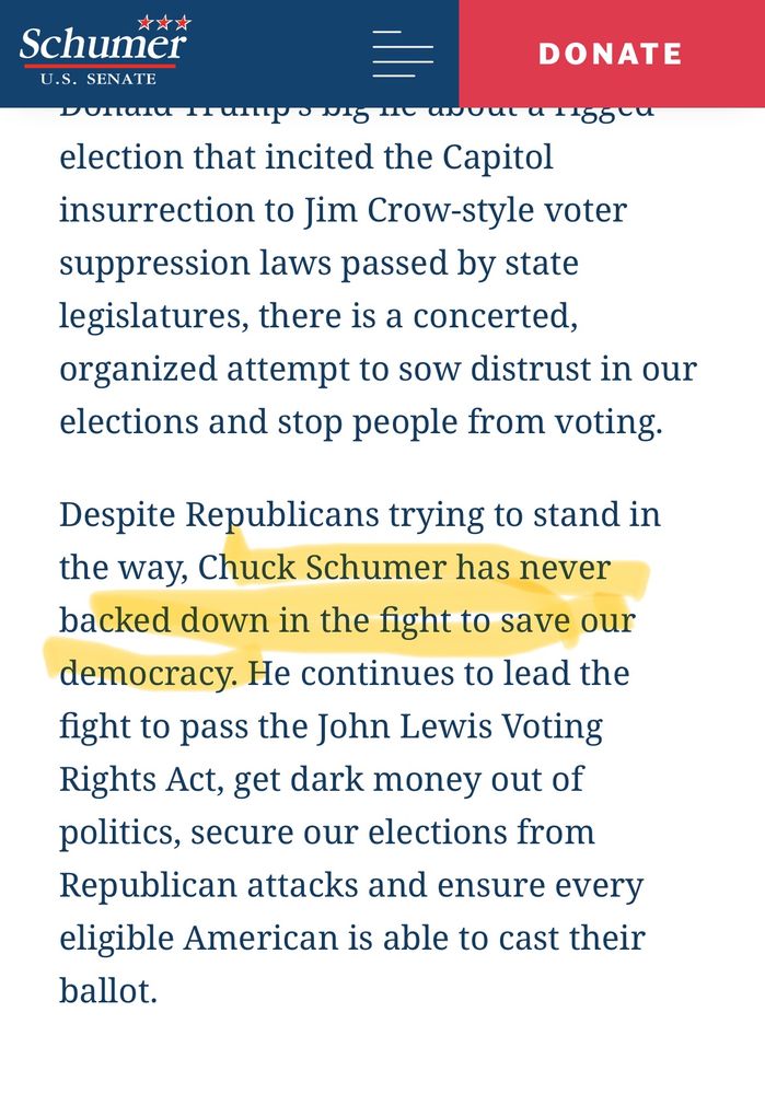 screenshot of chuck schumer website with the following line highlighted “Chuck Schumer has never backed down in a fight to save our democracy”