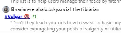 screenshot from clearsky showing i'm on a list called #Vulgar. Above it they also added me onto a list called #NSFW but I wanted to focus on the vulgar one because my eyes are up here.