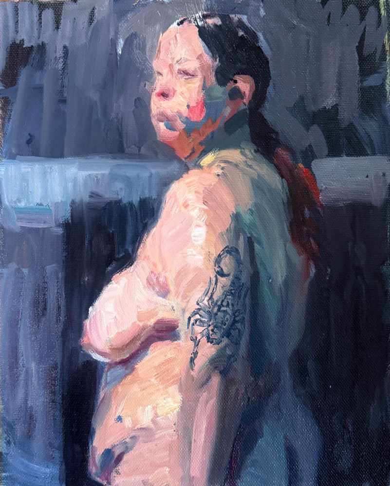 Gestural painting of figure model turned to side with scorpion tattoo. 