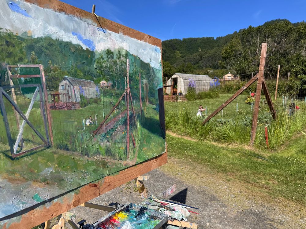 Scene and painting. Daughter is in painting and in the background. 
