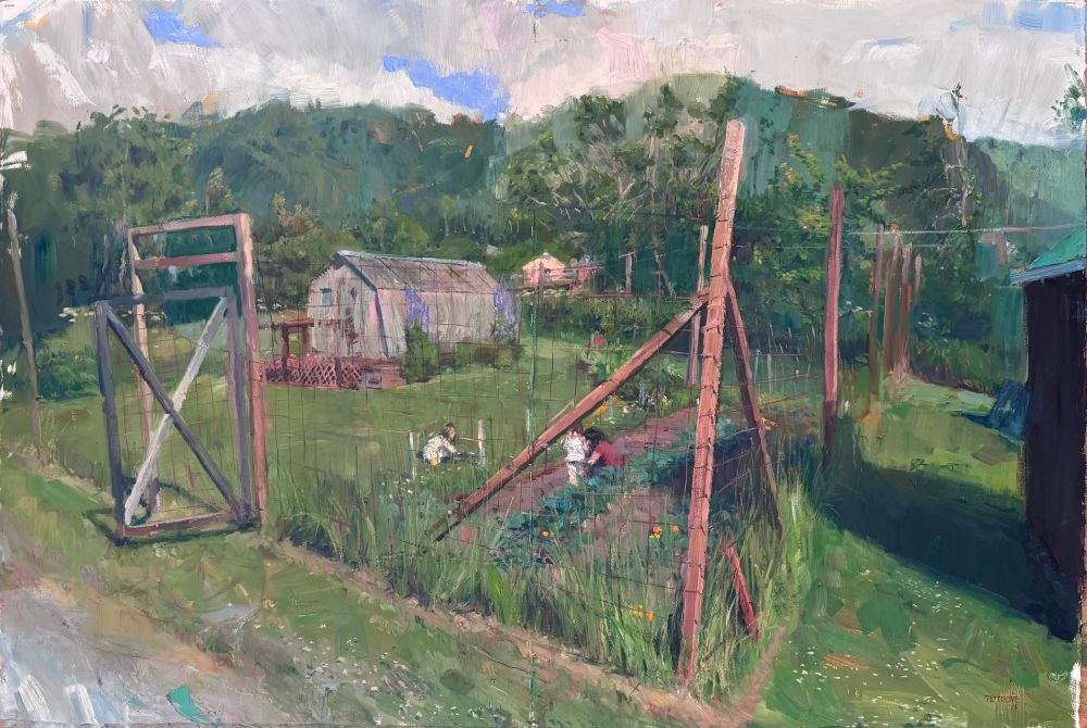 Finished plein air- lush green garden with greenhouse. Painterly, heavily textured. 