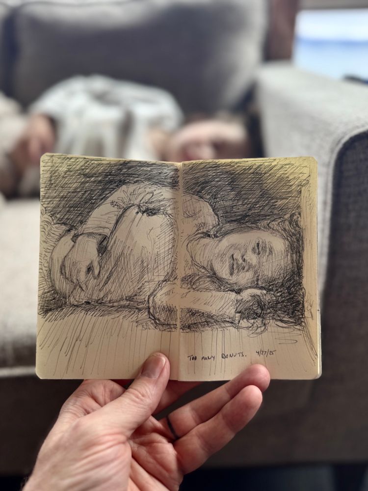 Drawing of toddler, from life, asleep on the couch. 