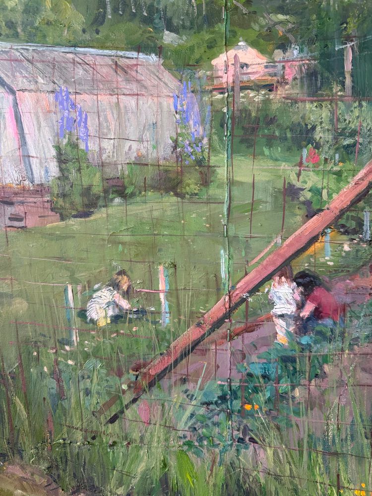 Detail of figures in garden scene. Painting from life. Heavily textured. 