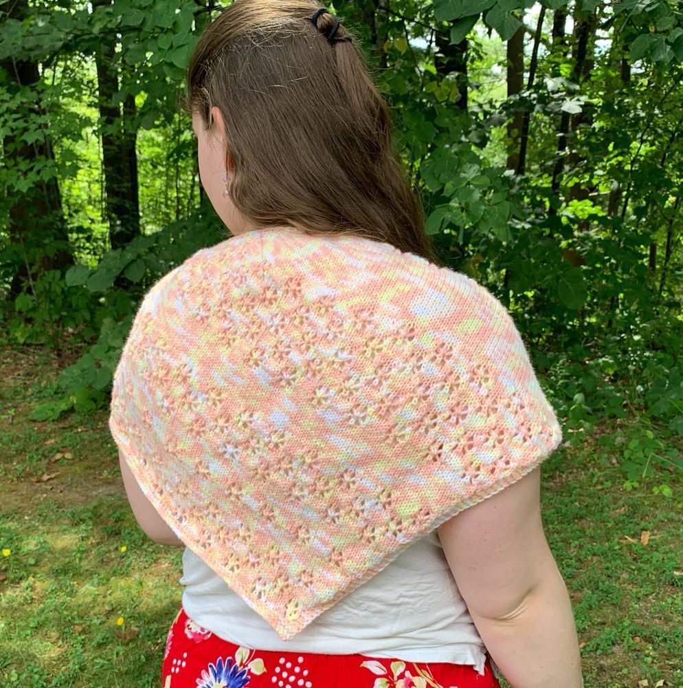 Woman facing away from the camera wearing a knit shawl. The shawl is made with a variegated yarn of white, pale yellow, and pale coral. The shawl is decorated with stripes of lace sections that look like little flowers.