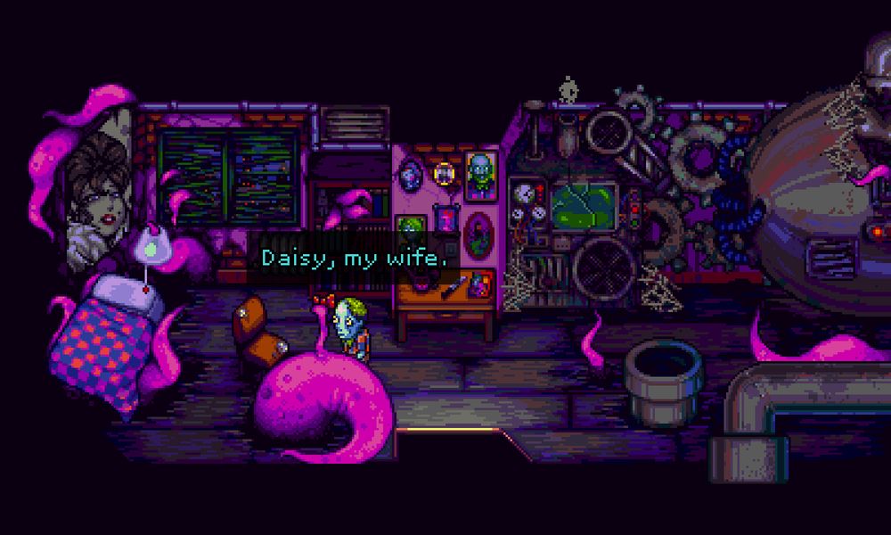 A screenshot from Octopus City Blues. The main character is examining a tentacle. The text "Daisy, my wife" is shown.