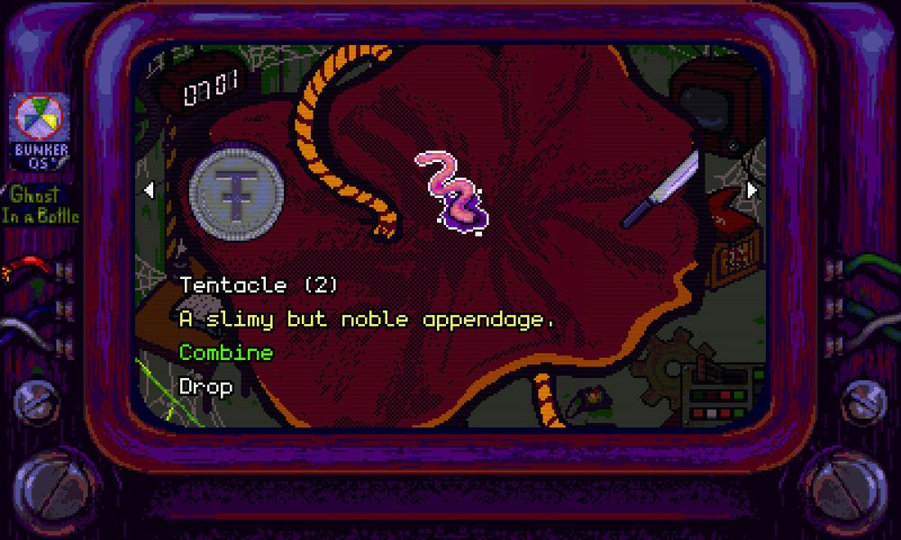 A screenshot of the inventory screen in Octopus City Blues. The "Tentacle" item is selected. The description says "A slimy but noble appendage" and there are options to combine or drop the item.