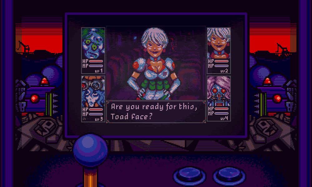 A screenshot of an arcade cabinet from Octopus City Blues. You can see the buttons and a control stick. The screen displays portraits of 4 characters, and a central character with a text box saying "Are you ready for this, Toad Face?"