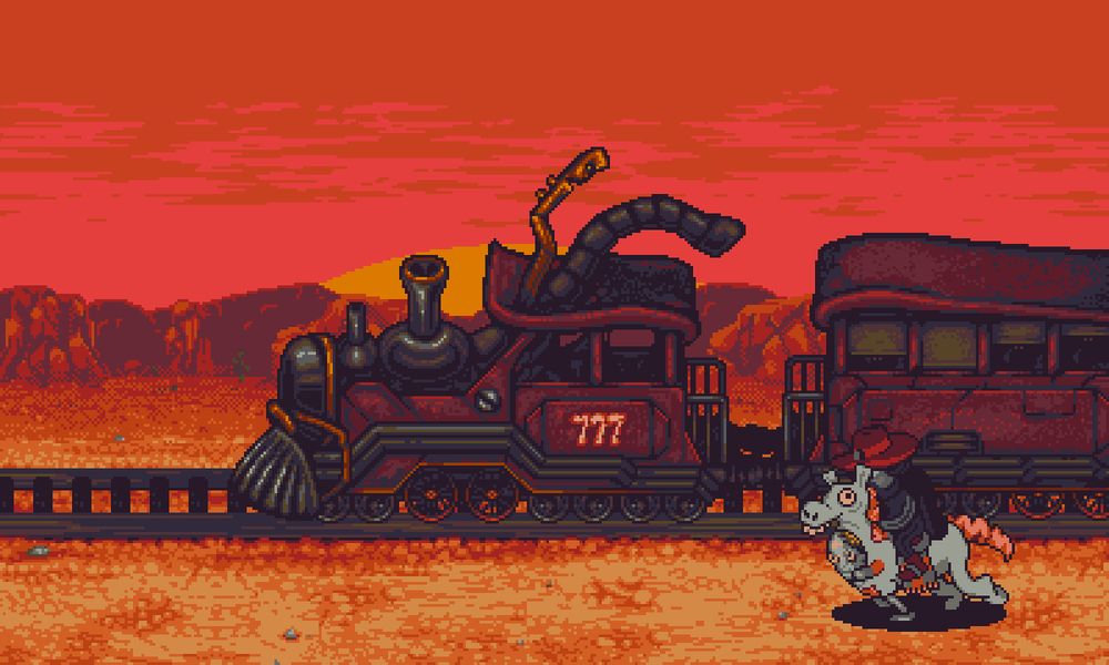 A screenshot from Octopus City Blues. As the sun sets in the background, a train labeled "777" run on its track while a cowboy riding a horse (actually a person wearing a horse costume) runs alongside it.