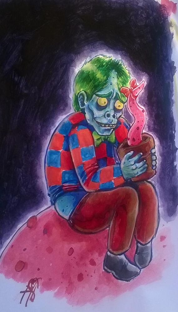 A painting of a weird looking character sitting on a pink tentacle and holding a flower pot with a small tentacle inside it.